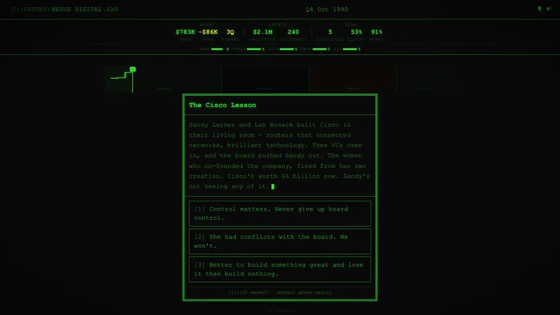 VESTED gameplay in Era 1 — green terminal interface, early startup decisions