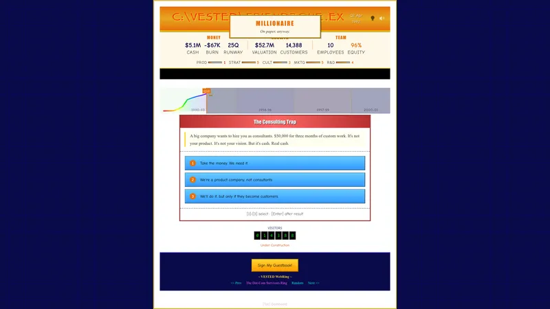VESTED gameplay in Era 3 — Geocities-style interface, dot-com hype