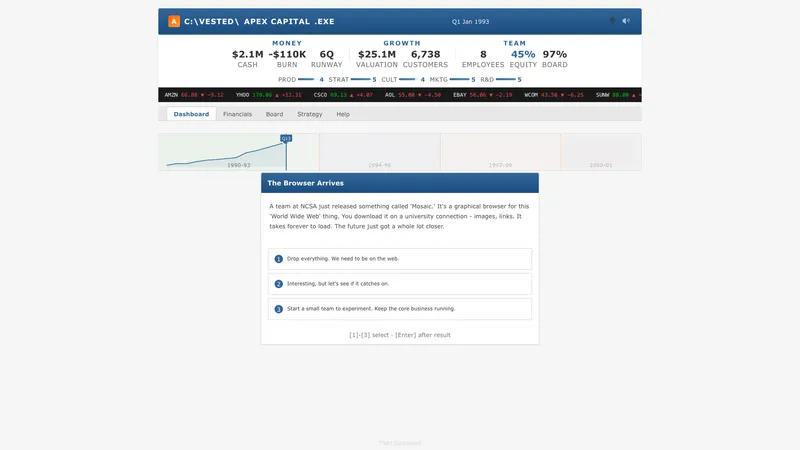 VESTED gameplay in Era 4 — corporate interface, bubble crash